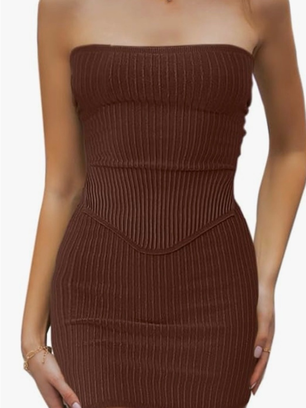CHYRII Strapless Ribbed Bodycon Mini Dress - Brown. New with Tags